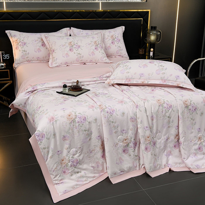 91家纺网 家纺一手货源 找家纺 千嘻汇 2026新款水洗天丝真丝夏被四件套夏凉被空调被 伊莉莎粉