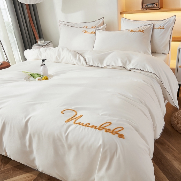 啊雅家居 2026新款A类水洗棉贝壳边毛巾绣四件套 时尚白