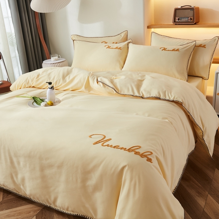 啊雅家居 2026新款A类水洗棉贝壳边毛巾绣四件套 时尚黄