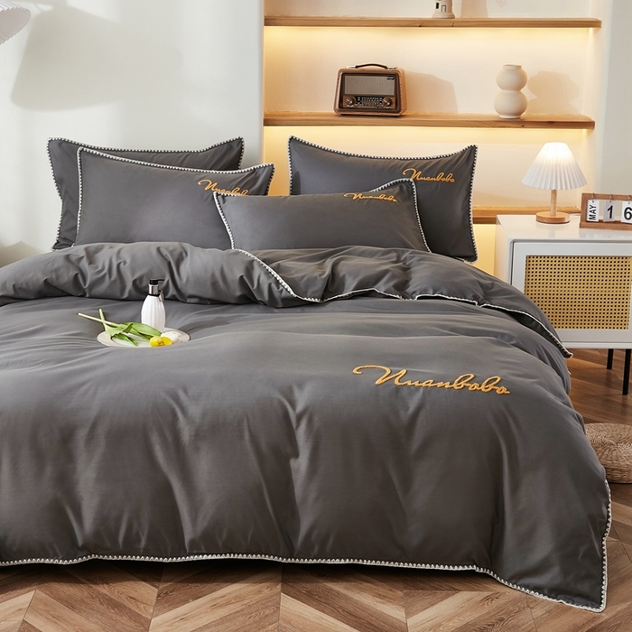 91家纺网 家纺一手货源 找家纺 啊雅家居 2026新款A类水洗棉贝壳边毛巾绣四件套 时尚灰