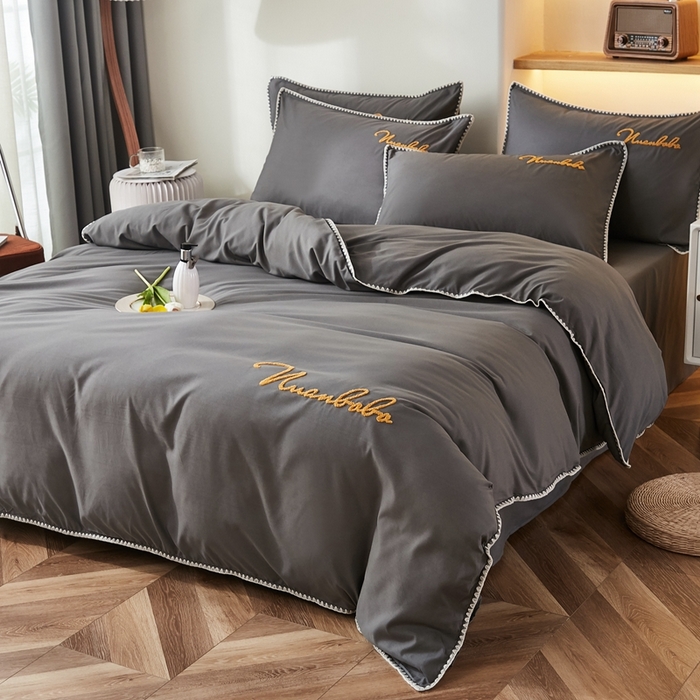 91家纺网 家纺一手货源 找家纺 啊雅家居 2026新款A类水洗棉贝壳边毛巾绣四件套 时尚灰