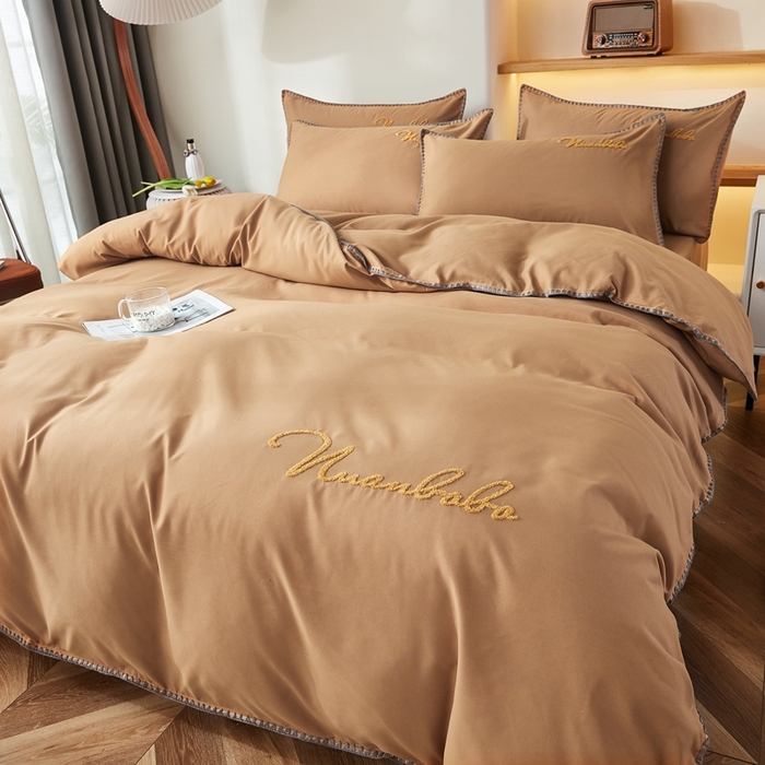 啊雅家居 2026新款A类水洗棉贝壳边毛巾绣四件套 时尚咖