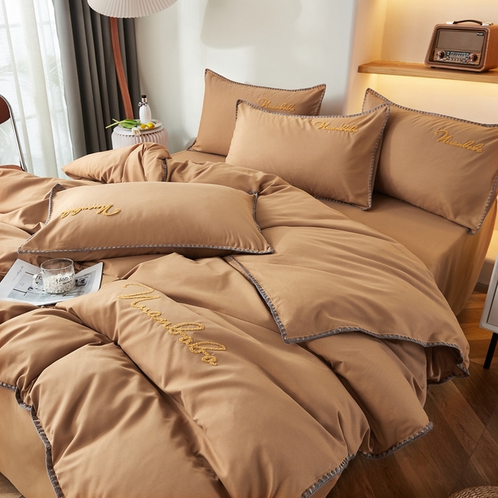 91家纺网 家纺一手货源 找家纺 啊雅家居 2026新款A类水洗棉贝壳边毛巾绣四件套 时尚咖