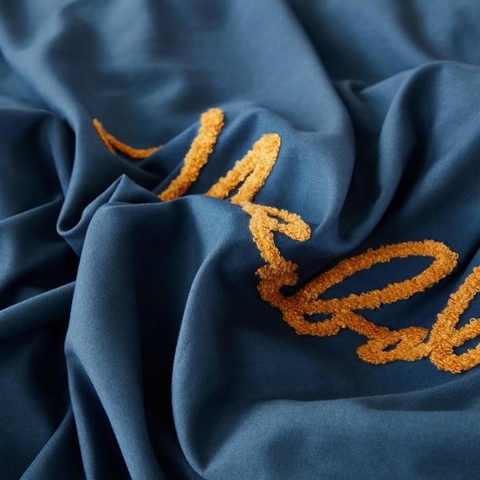 91家纺网 家纺一手货源 找家纺 啊雅家居 2026新款A类水洗棉贝壳边毛巾绣四件套 时尚蓝