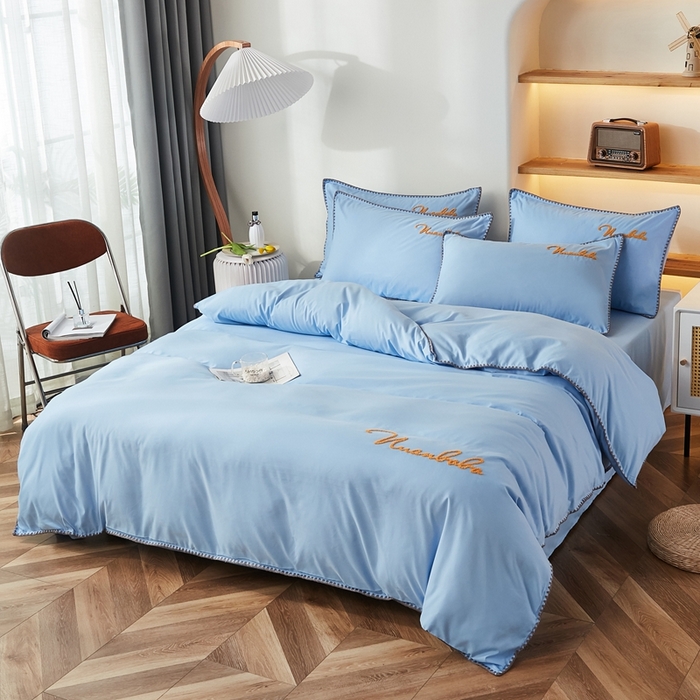 91家纺网 家纺一手货源 找家纺 啊雅家居 2026新款A类水洗棉贝壳边毛巾绣四件套 时尚天兰