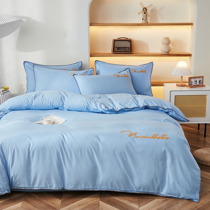 91家纺网 家纺一手货源 找家纺 啊雅家居 2026新款A类水洗棉贝壳边毛巾绣四件套 时尚天兰