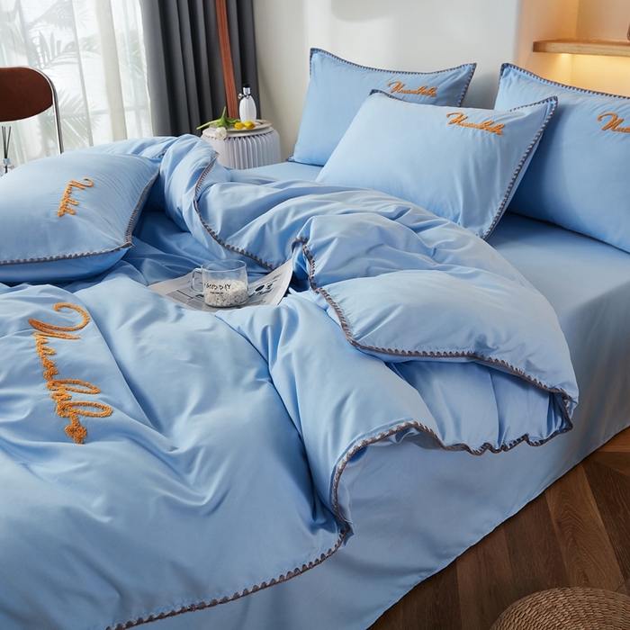 91家纺网 家纺一手货源 找家纺 啊雅家居 2026新款A类水洗棉贝壳边毛巾绣四件套 时尚天兰