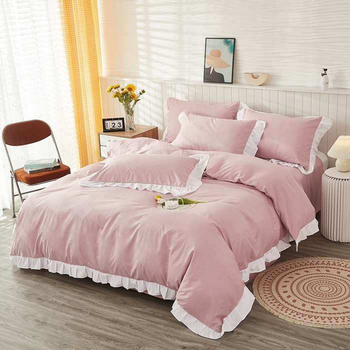 91家纺网 家纺一手货源 找家纺 啊雅家居 2026新款轻奢韩式花边华夫格四件套 梦幻粉