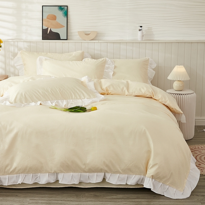 91家纺网 家纺一手货源 找家纺 啊雅家居 2026新款轻奢韩式花边华夫格四件套 梦幻黄