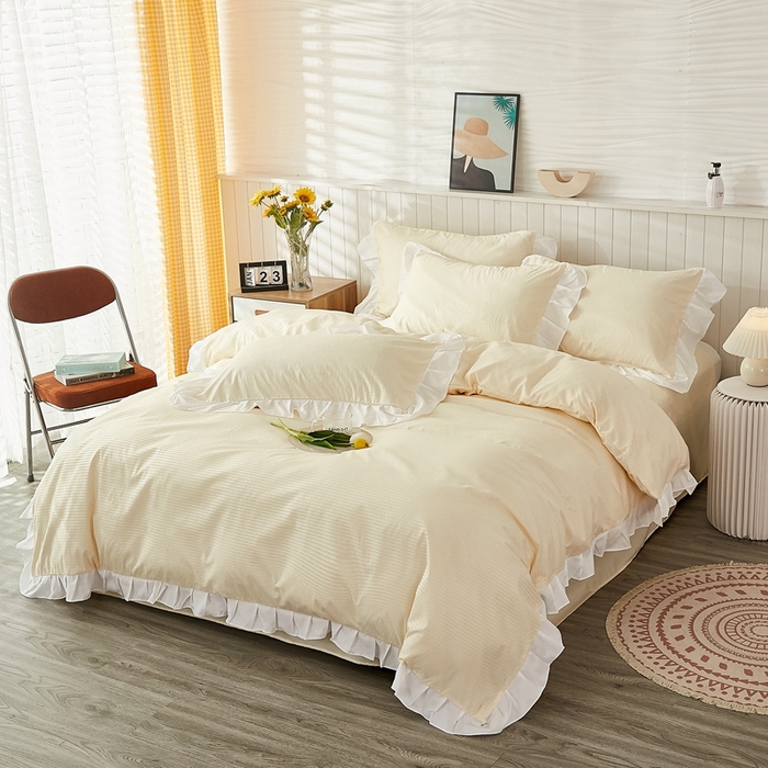 91家纺网 家纺一手货源 找家纺 啊雅家居 2026新款轻奢韩式花边华夫格四件套 梦幻黄