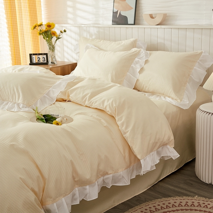 91家纺网 家纺一手货源 找家纺 啊雅家居 2026新款轻奢韩式花边华夫格四件套 梦幻黄