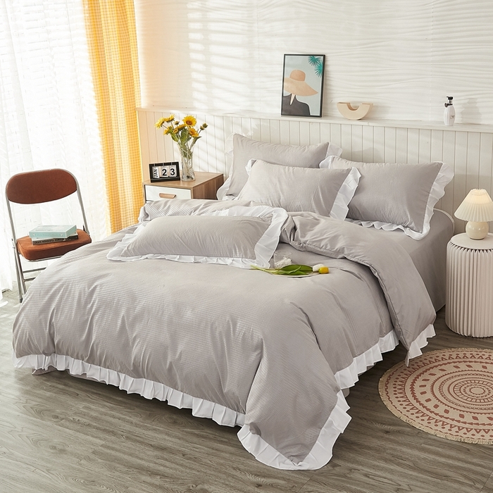 91家纺网 家纺一手货源 找家纺 啊雅家居 2026新款轻奢韩式花边华夫格四件套 梦幻灰