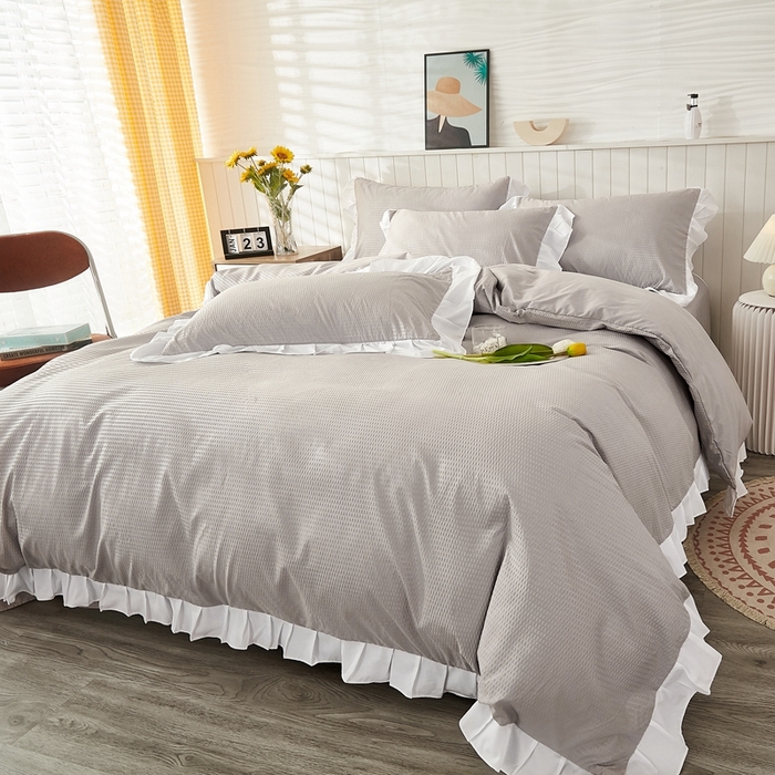 91家纺网 家纺一手货源 找家纺 啊雅家居 2026新款轻奢韩式花边华夫格四件套 梦幻灰