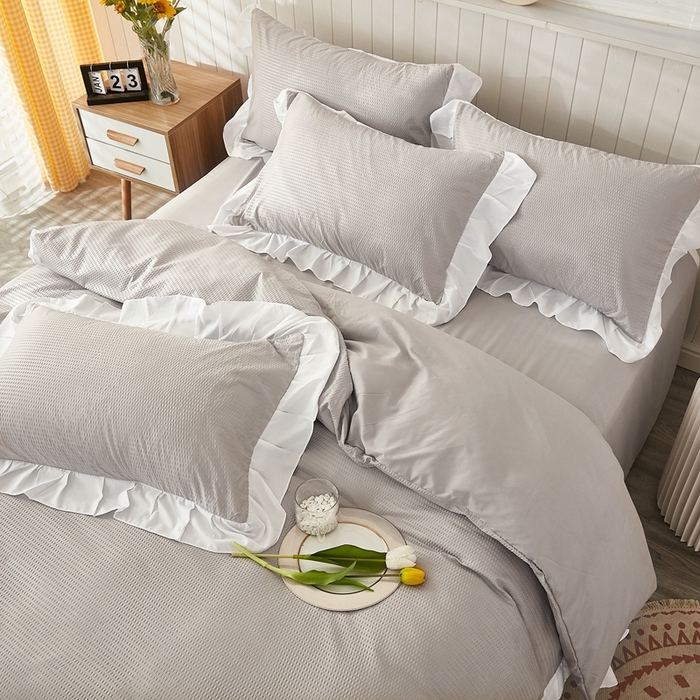 91家纺网 家纺一手货源 找家纺 啊雅家居 2026新款轻奢韩式花边华夫格四件套 梦幻灰