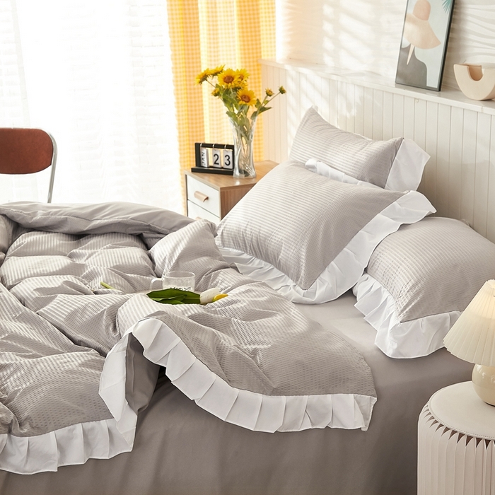 91家纺网 家纺一手货源 找家纺 啊雅家居 2026新款轻奢韩式花边华夫格四件套 梦幻灰