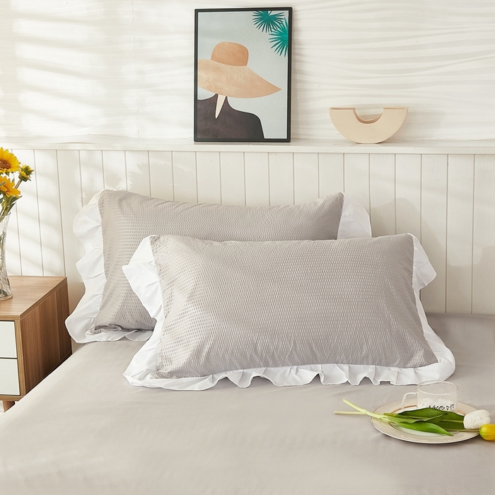 91家纺网 家纺一手货源 找家纺 啊雅家居 2026新款轻奢韩式花边华夫格四件套 梦幻灰