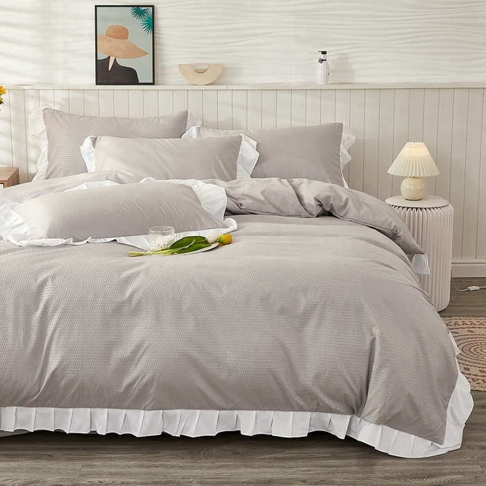 91家纺网 家纺一手货源 找家纺 啊雅家居 2026新款轻奢韩式花边华夫格四件套 梦幻灰