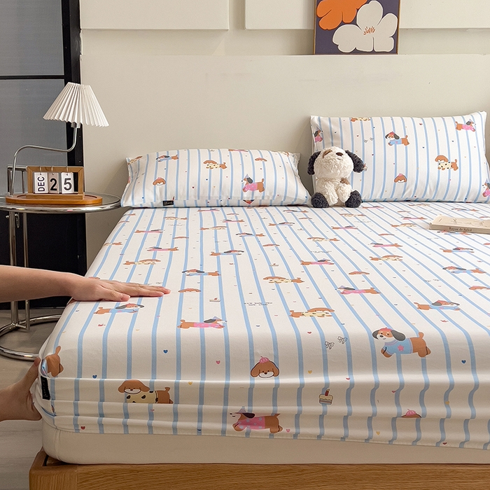 91家纺网 家纺一手货源 找家纺 芃成家纺 2026春夏新款全棉纯棉加厚老粗布单床笠床笠单件床笠三件套 好运狗狗