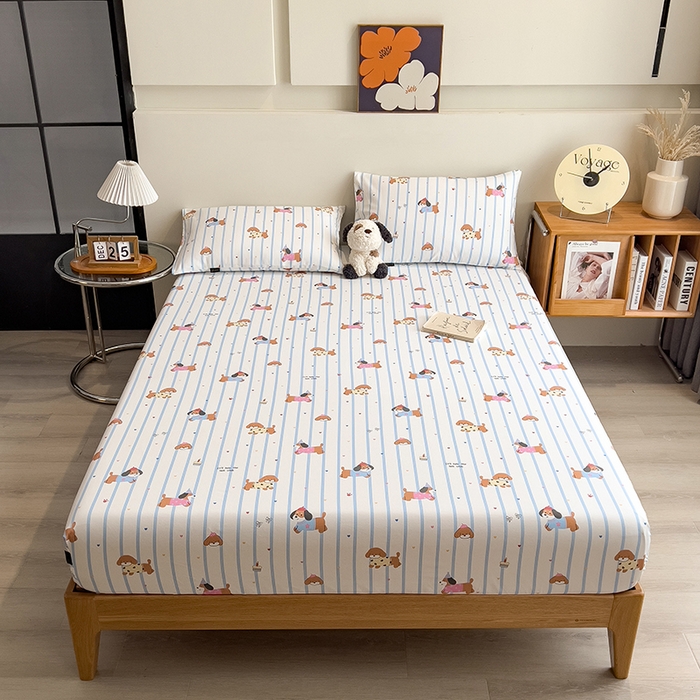 91家纺网 家纺一手货源 找家纺 芃成家纺 2026春夏新款全棉纯棉加厚老粗布单床笠床笠单件床笠三件套 好运狗狗