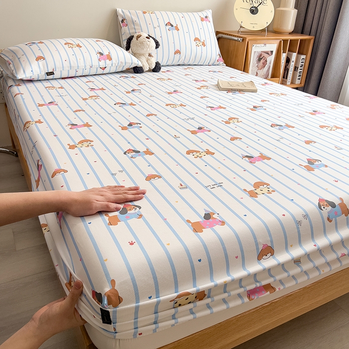 91家纺网 家纺一手货源 找家纺 芃成家纺 2026春夏新款全棉纯棉加厚老粗布单床笠床笠单件床笠三件套 好运狗狗