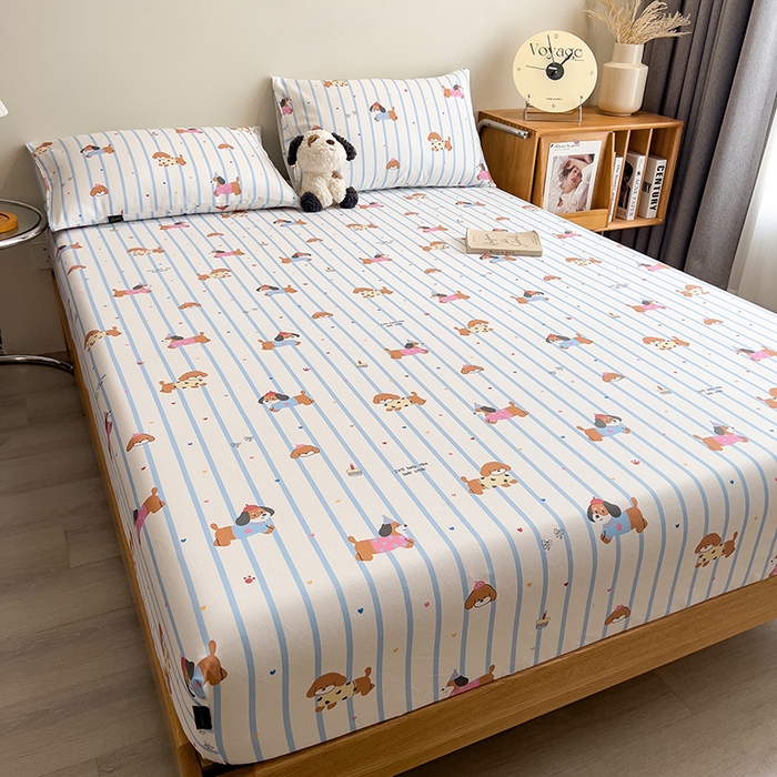 91家纺网 家纺一手货源 找家纺 芃成家纺 2026春夏新款全棉纯棉加厚老粗布单床笠床笠单件床笠三件套 好运狗狗