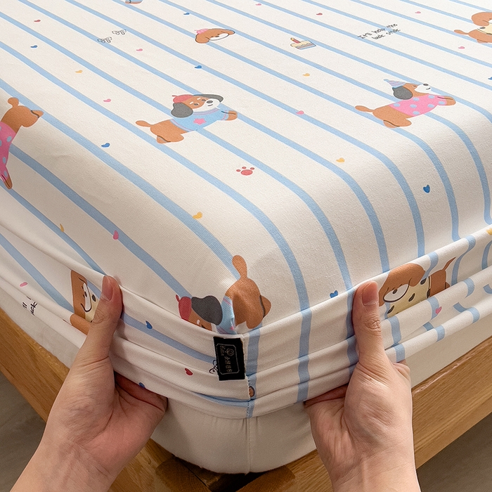 91家纺网 家纺一手货源 找家纺 芃成家纺 2026春夏新款全棉纯棉加厚老粗布单床笠床笠单件床笠三件套 好运狗狗