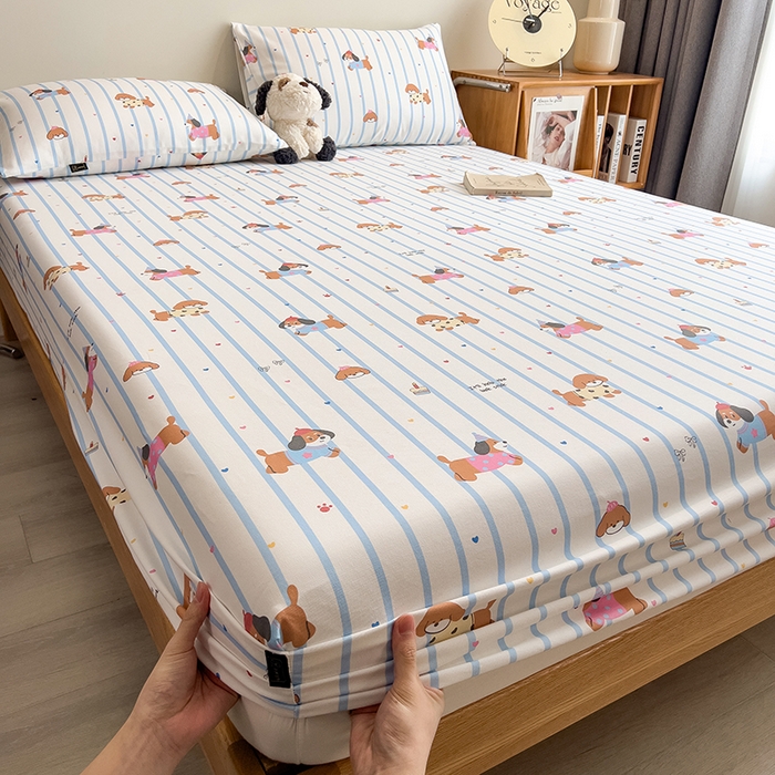 91家纺网 家纺一手货源 找家纺 芃成家纺 2026春夏新款全棉纯棉加厚老粗布单床笠床笠单件床笠三件套 好运狗狗