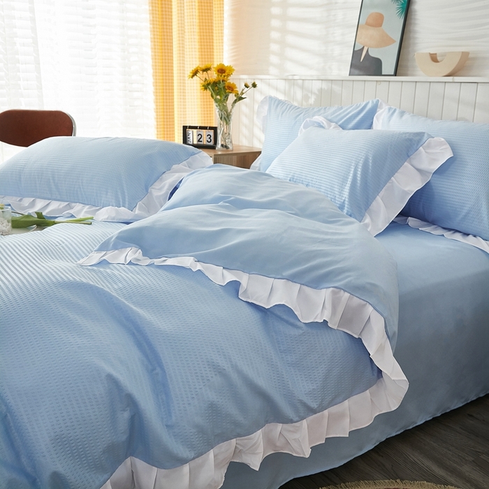 91家纺网 家纺一手货源 找家纺 啊雅家居 2026新款轻奢韩式花边华夫格四件套 梦幻兰