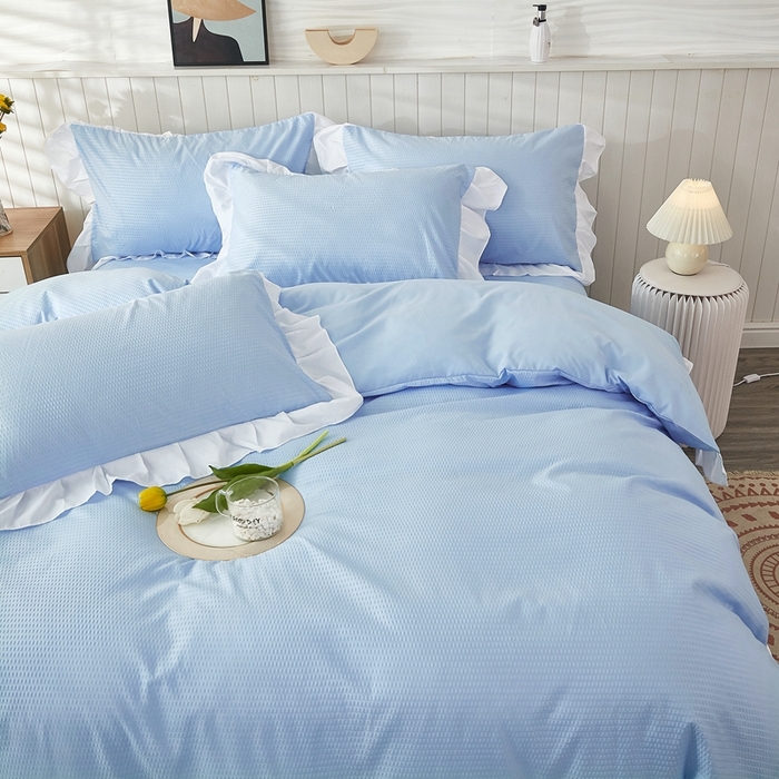 91家纺网 家纺一手货源 找家纺 啊雅家居 2026新款轻奢韩式花边华夫格四件套 梦幻兰