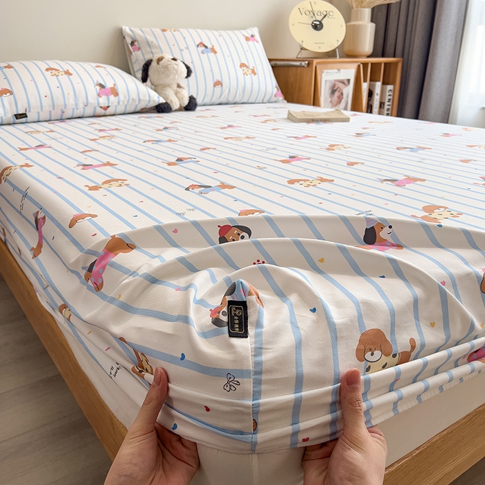 91家纺网 家纺一手货源 找家纺 芃成家纺 2026春夏新款全棉纯棉加厚老粗布单床笠床笠单件床笠三件套 好运狗狗