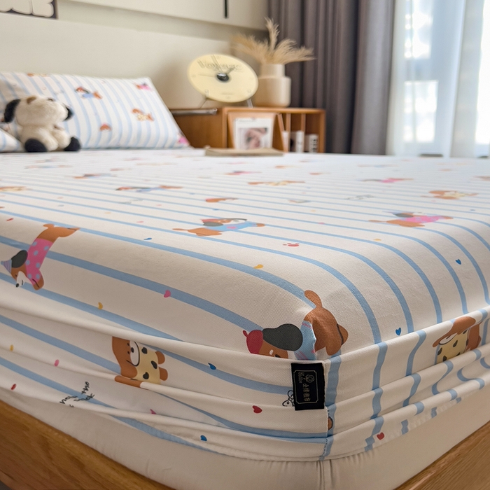 91家纺网 家纺一手货源 找家纺 芃成家纺 2026春夏新款全棉纯棉加厚老粗布单床笠床笠单件床笠三件套 好运狗狗