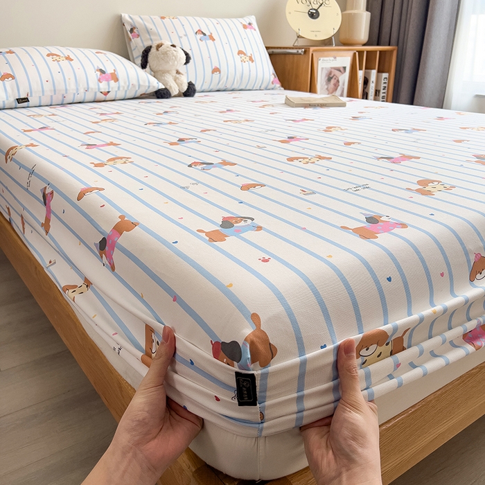 91家纺网 家纺一手货源 找家纺 芃成家纺 2026春夏新款全棉纯棉加厚老粗布单床笠床笠单件床笠三件套 好运狗狗