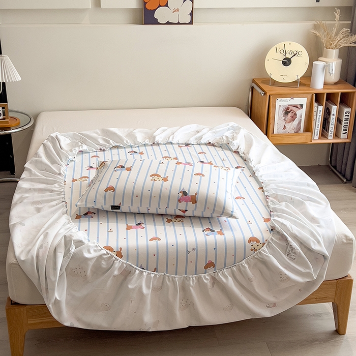 91家纺网 家纺一手货源 找家纺 芃成家纺 2026春夏新款全棉纯棉加厚老粗布单床笠床笠单件床笠三件套 好运狗狗