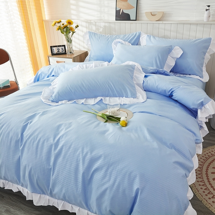 91家纺网 家纺一手货源 找家纺 啊雅家居 2026新款轻奢韩式花边华夫格四件套 梦幻兰