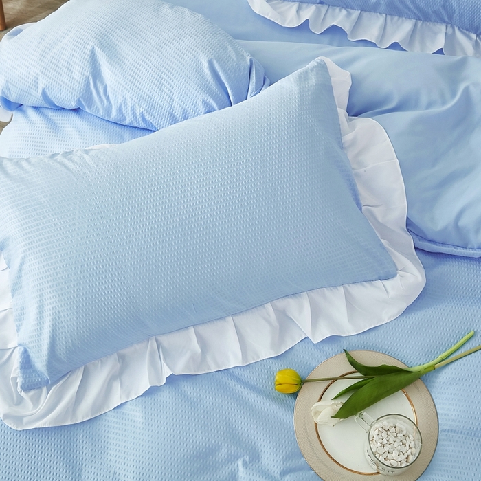 91家纺网 家纺一手货源 找家纺 啊雅家居 2026新款轻奢韩式花边华夫格四件套 梦幻兰