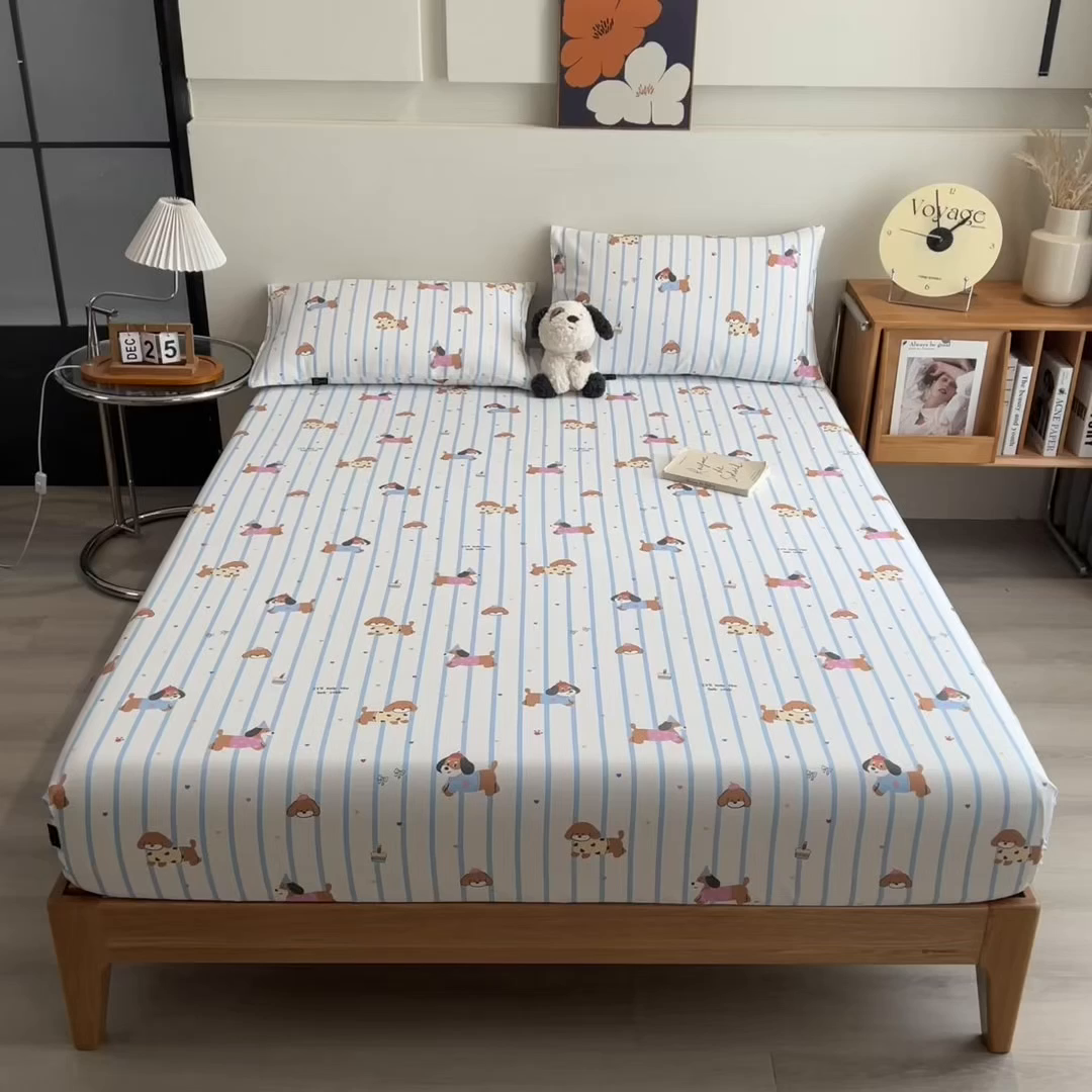 91家纺网 家纺一手货源 找家纺 芃成家纺 2026春夏新款全棉纯棉加厚老粗布单床笠床笠单件床笠三件套 好运狗狗