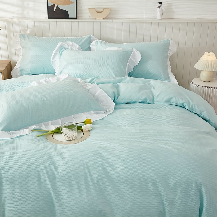 91家纺网 家纺一手货源 找家纺 啊雅家居 2026新款轻奢韩式花边华夫格四件套 梦幻绿