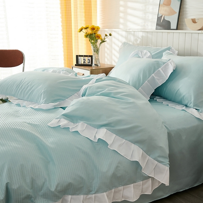 91家纺网 家纺一手货源 找家纺 啊雅家居 2026新款轻奢韩式花边华夫格四件套 梦幻绿