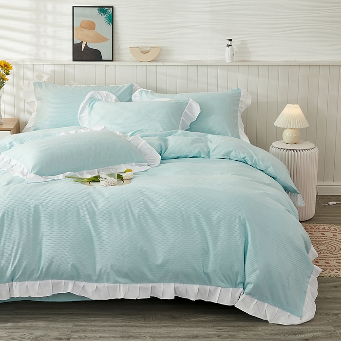 91家纺网 家纺一手货源 找家纺 啊雅家居 2026新款轻奢韩式花边华夫格四件套 梦幻绿