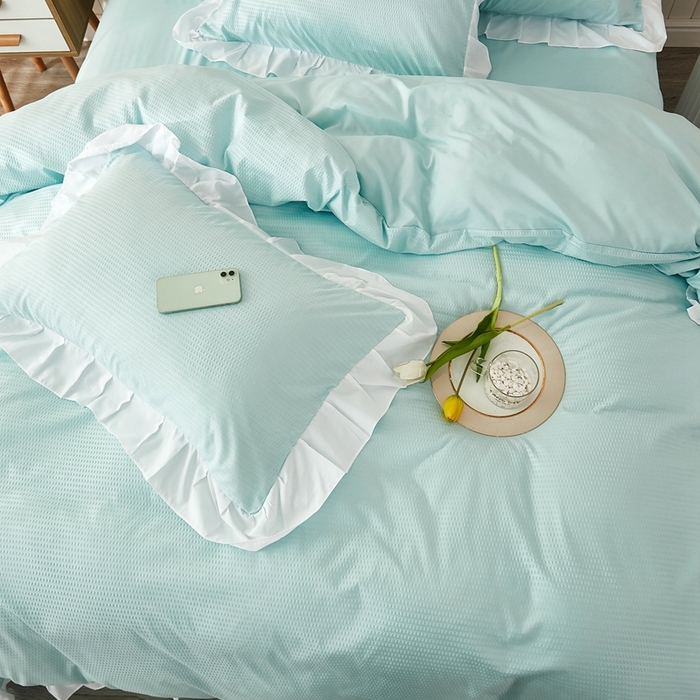 91家纺网 家纺一手货源 找家纺 啊雅家居 2026新款轻奢韩式花边华夫格四件套 梦幻绿