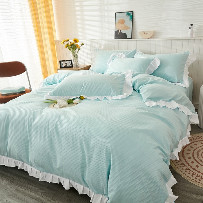 91家纺网 家纺一手货源 找家纺 啊雅家居 2026新款轻奢韩式花边华夫格四件套 梦幻绿