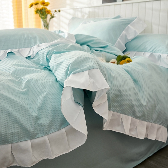 91家纺网 家纺一手货源 找家纺 啊雅家居 2026新款轻奢韩式花边华夫格四件套 梦幻绿