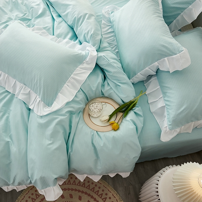 91家纺网 家纺一手货源 找家纺 啊雅家居 2026新款轻奢韩式花边华夫格四件套 梦幻绿