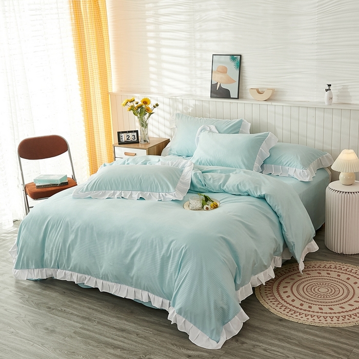 91家纺网 家纺一手货源 找家纺 啊雅家居 2026新款轻奢韩式花边华夫格四件套 梦幻绿