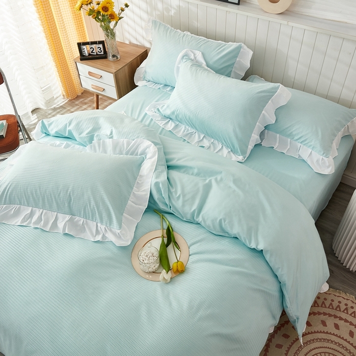 91家纺网 家纺一手货源 找家纺 啊雅家居 2026新款轻奢韩式花边华夫格四件套 梦幻绿