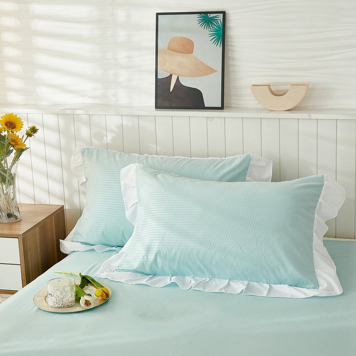 91家纺网 家纺一手货源 找家纺 啊雅家居 2026新款轻奢韩式花边华夫格四件套 梦幻绿