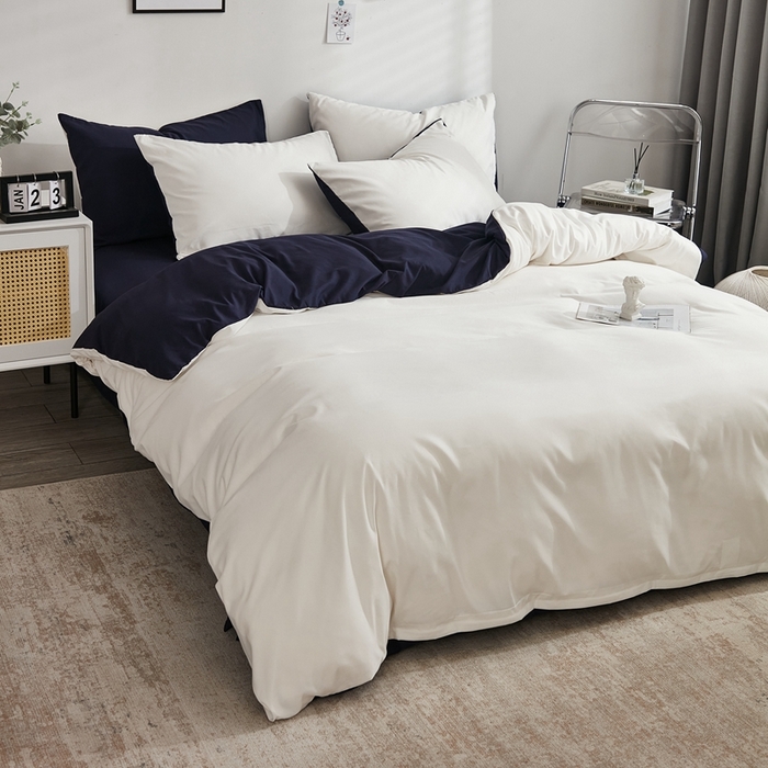 91家纺网 家纺一手货源 找家纺 （总）啊雅家居 2025新款ins简约学生宿舍双拼纯色磨毛四件套可订制logo