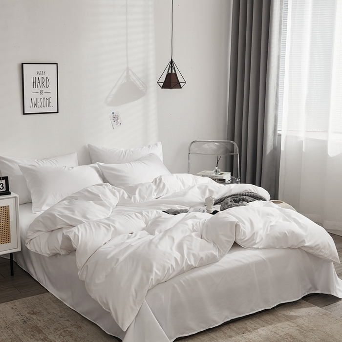 91家纺网 家纺一手货源 找家纺 啊雅家居 2025新款ins简约学生宿舍双拼纯色磨毛四件套可订制logo 白色