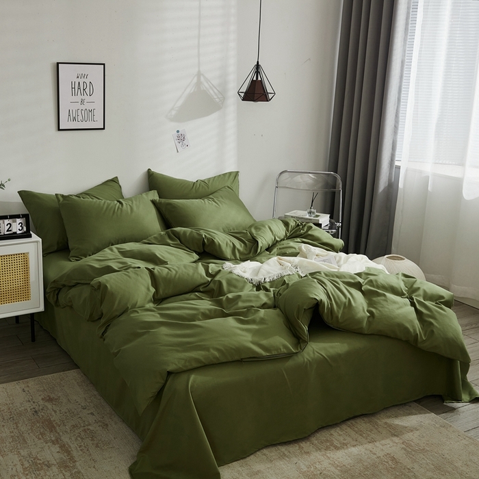 91家纺网 家纺一手货源 找家纺 啊雅家居 2025新款ins简约学生宿舍双拼纯色磨毛四件套可订制logo 草绿