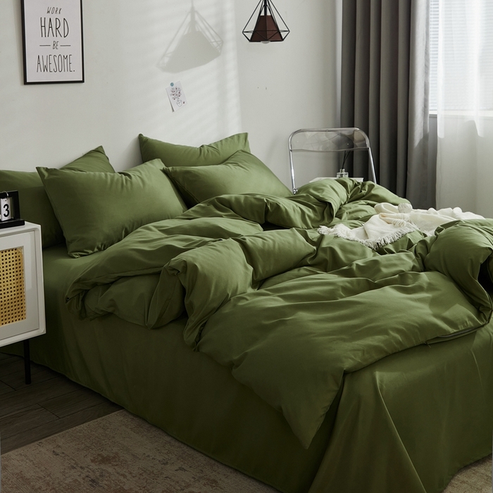 91家纺网 家纺一手货源 找家纺 啊雅家居 2025新款ins简约学生宿舍双拼纯色磨毛四件套可订制logo 草绿